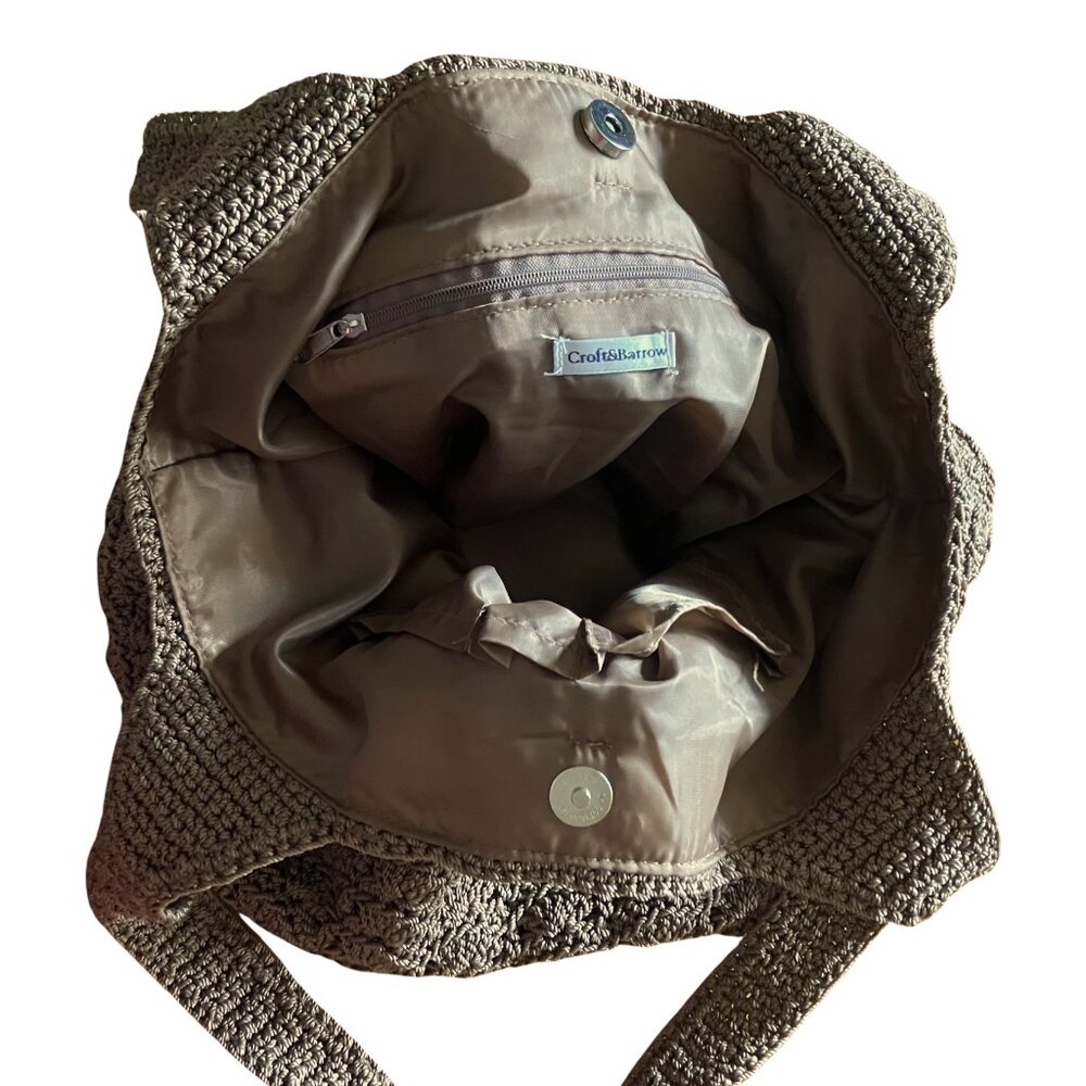 Y2K Brown Tan Knit Crochet Pink Flower Pin Large Shoulder Bag Tote Girlhoodcore - Picture 7 of 9